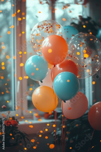 Celebratory balloon arrangement with colorful confetti in a cozy indoor setting