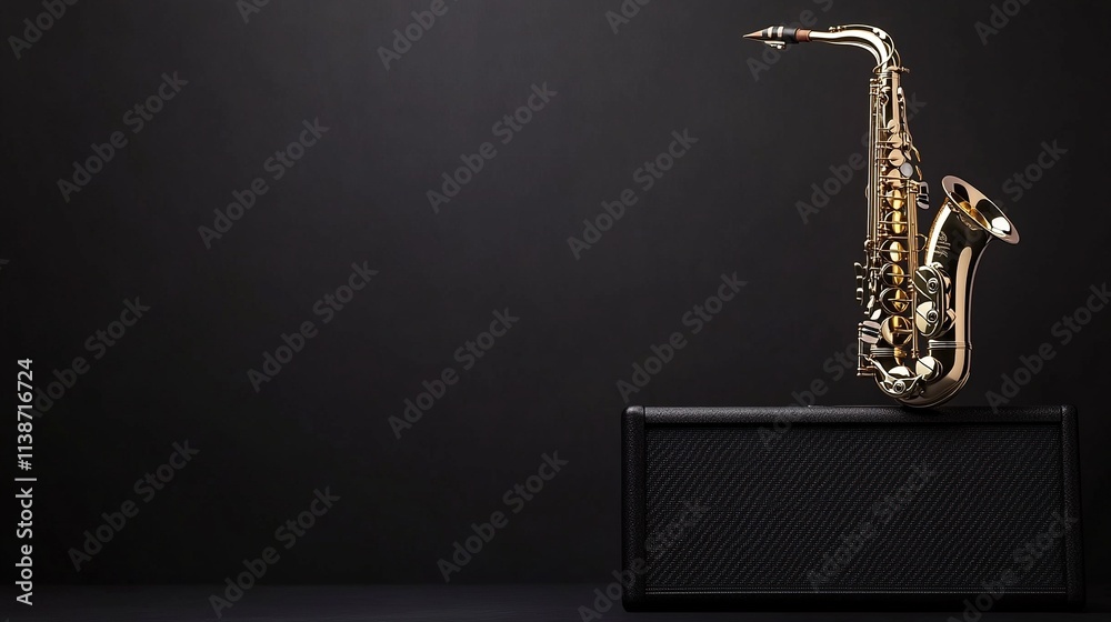 Fototapeta premium Gold alto saxophone on black amplifier against dark background.