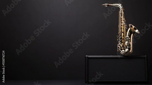 Gold alto saxophone on black amplifier against dark background.
