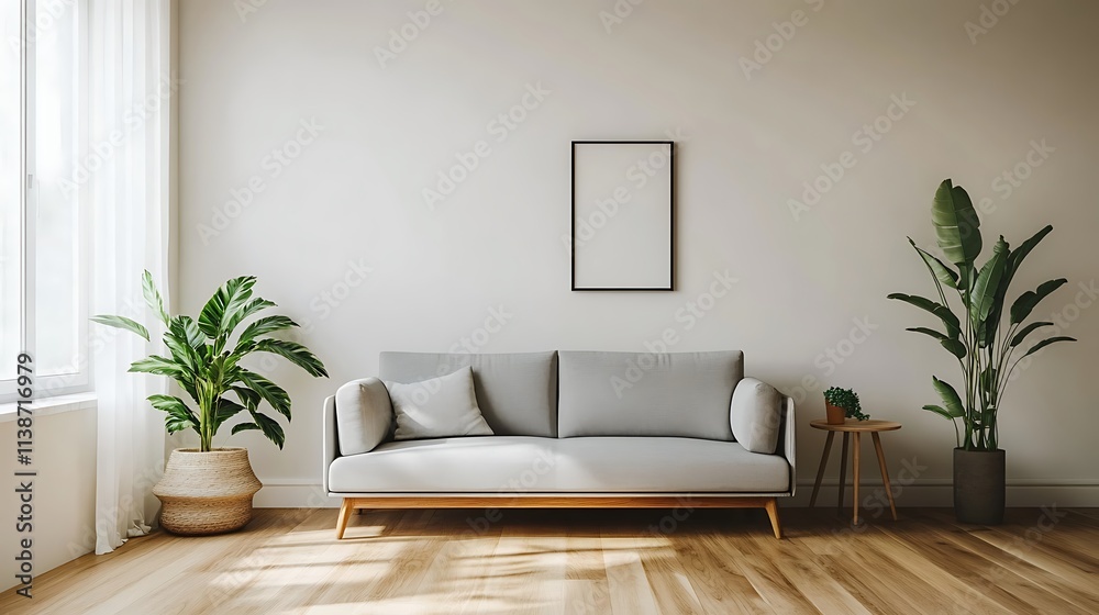 Fototapeta premium Beautiful Modern Living room Interior with furniture's ,mockup frame , posters, wall -3d Rendering