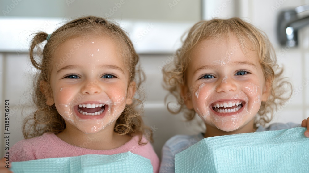 Two children with toothpaste on their faces, grinning cheerfully, capturing joy and innocence in a bathroom setting. Two children with toothpaste on their faces, grinning cheerfully, capturing joy and innocence in a bathroom setting.