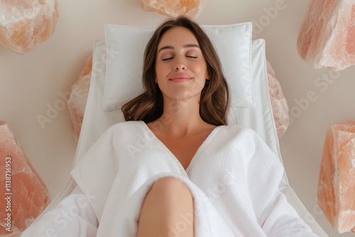 Wallpaper Mural Relaxed woman lying in a salt therapy room, eyes closed, peaceful spa environment, salt wall background, relaxation and wellness concept, self-care session, high-resolution photo

 Torontodigital.ca