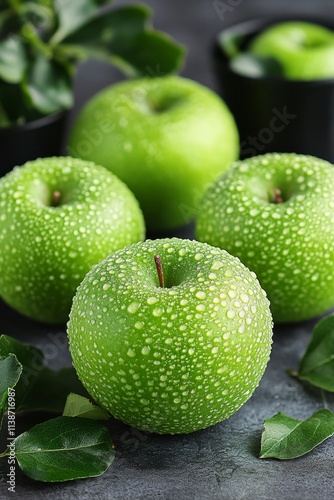 Freshly harvested apples with dew in a lush orchard during early morning hours