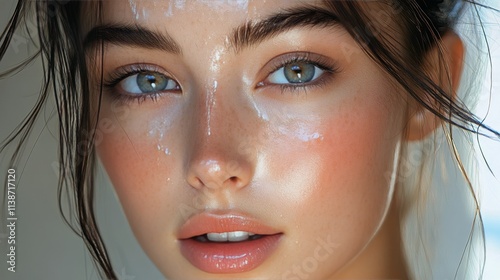 Close up of a young woman with dewy skin and striking blue eyes during natura...