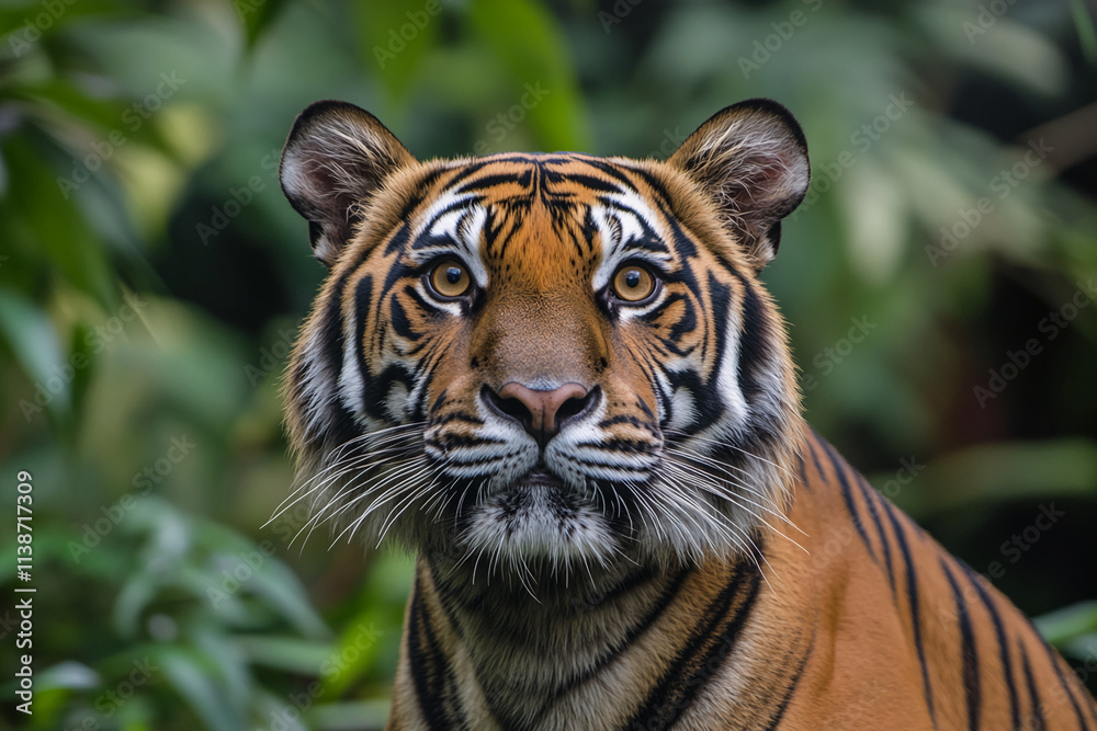 Majestic tiger rests amidst lush greenery in its natural habitat during daylight hours Majestic tiger rests amidst lush greenery in its natural habitat during daylight hours