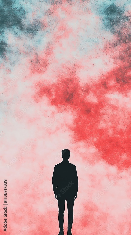 A silhouetted figure stands against a vibrant, colorful cloud backdrop. A silhouetted figure stands against a vibrant, colorful cloud backdrop.