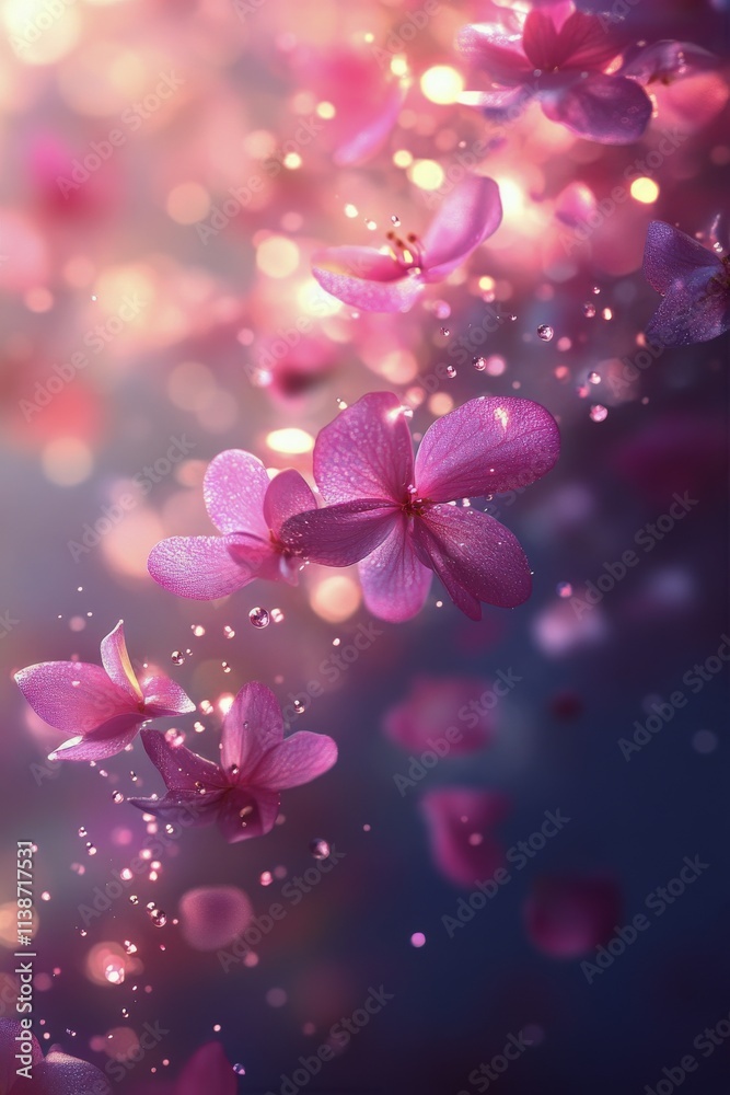 Pink flower petals floating in the air with soft bokeh background during springtime Pink flower petals floating in the air with soft bokeh background during springtime