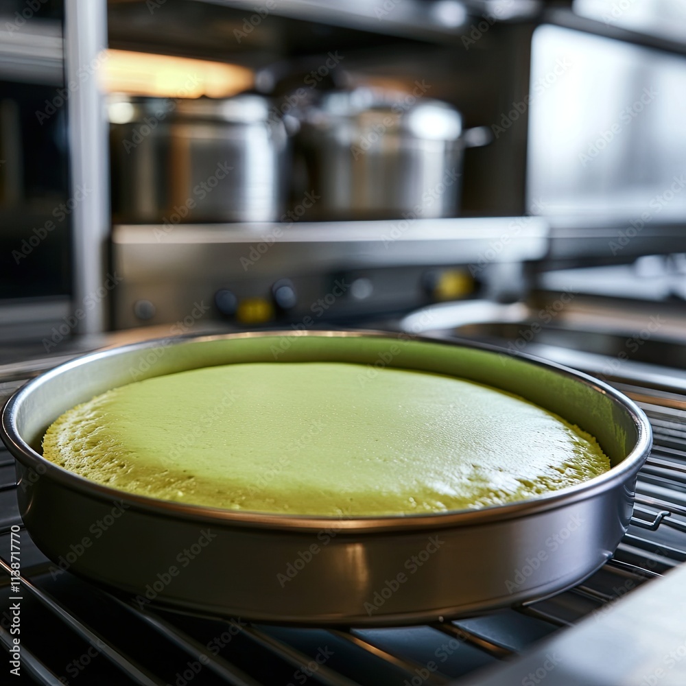 Green cheesecake baking in a professional oven. Green cheesecake baking in a professional oven.