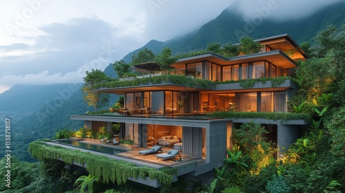Luxurious modern villa surrounded by lush mountains and greenery at twilight