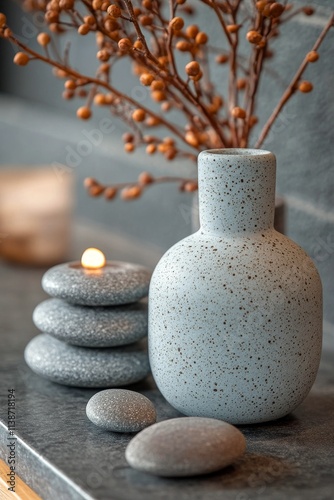 Beautiful arrangement of decorative stones and a vase with dried branches on ...