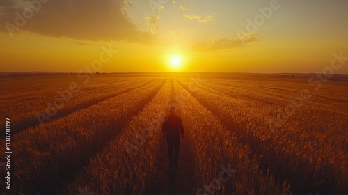 Sunrise over golden wheat fields with person walking towards the horizon