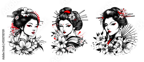 Geisha portrait tattoo sketches. Japanese beautiful woman face with red makeup, flowers and hairpins in black hair medieval asian girl portraits hand drawing set vector illustration