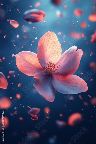 Pink flower petals floating in the air with soft bokeh background during spri...