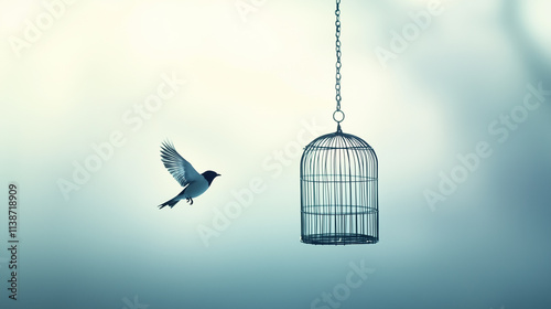 Is flying out cage with bird inside. Bird flies through cage in room. Silhouette of bird flying out of a cage. Silhouette of a bird flying out of a cage in a lifestyle room.