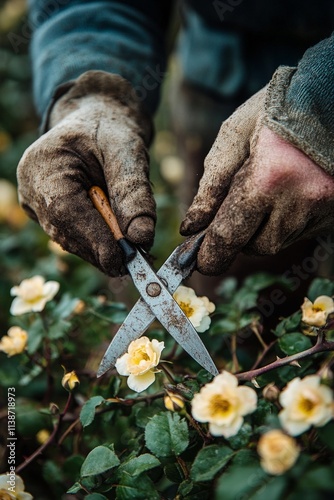 Hands pruning flowers in a garden with dirt stained gloves surrounded by blooms