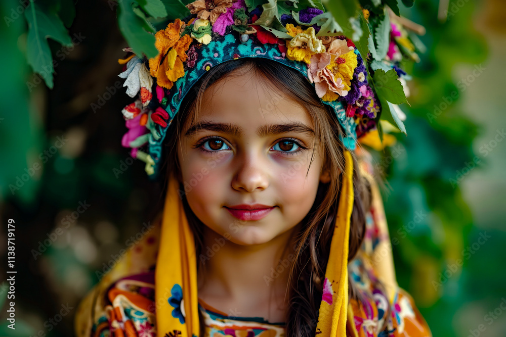 A young girl wearing a colorful headdress with flowers on her head A young girl wearing a colorful headdress with flowers on her head