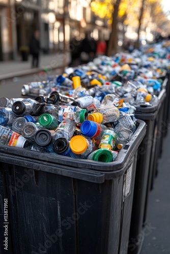 Overflowing recycling bin in park showcases environmental issues of waste man...