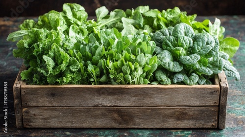 Freshly harvested leafy greens in a rustic wooden crate on a vintage table