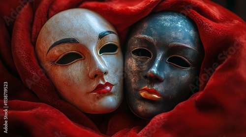 Two theatrical masks resting together on a vibrant red blanket symbolizing du...