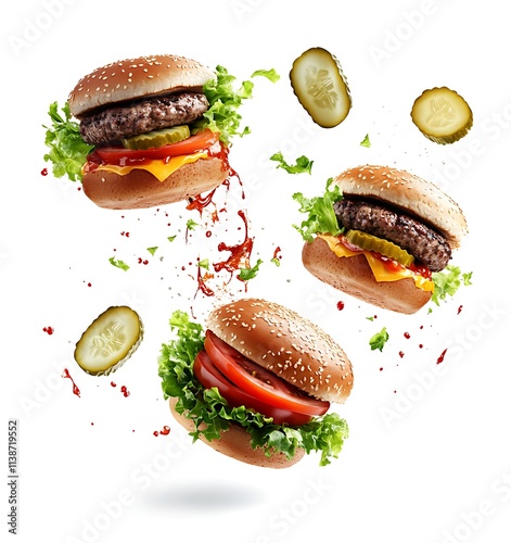A photorealistic image of three perfectly grilled burgers with lettuce, tomato, and pickles flying mid-air, surrounded by splashes of secret sauce, isolated on a white background