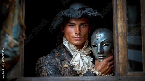 Man holding a decorative mask with a smile at a cultural event in a festive a...
