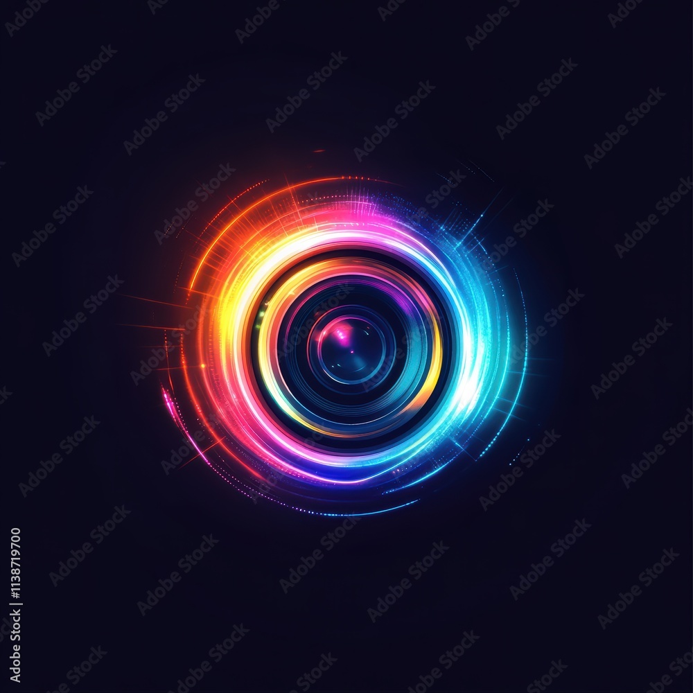 A circular design features a central lens surrounded by vivid light trails in various colors. The vibrant patterns create a dynamic visual effect against a dark backdrop A circular design features a central lens surrounded by vivid light trails in various colors. The vibrant patterns create a dynamic visual effect against a dark backdrop