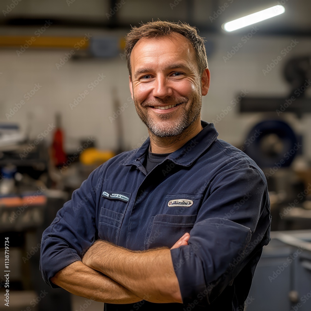 A man in a work uniform stands with arms crossed in a bustling workshop. He displays a warm smile amidst various tools and equipment, indicating a productive atmosphere A man in a work uniform stands with arms crossed in a bustling workshop. He displays a warm smile amidst various tools and equipment, indicating a productive atmosphere