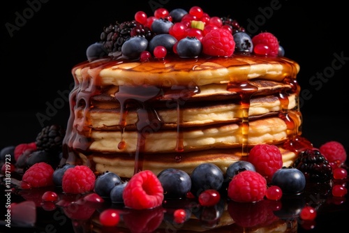 Delicious stack of pancakes topped with fresh berries and drizzled with maple syrup