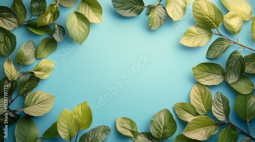 Green leaves arranged on a blue background for decorative purposes and botani...