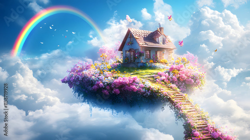 Whimsical Floating Cottage Surrounded by Fluffy Clouds with a Vibrant Rainbow Bridge Connecting to the Lush Green Ground