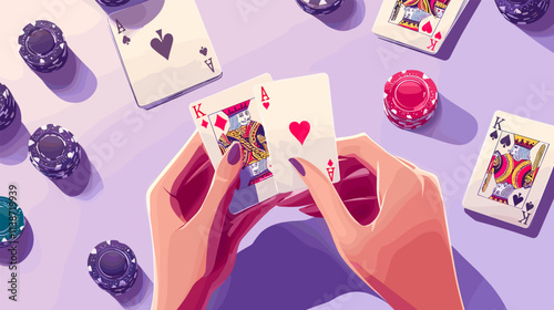 Hands with poker cards. Casino croupier or blackjack player female hand hold playing card at gambling desk with play chips top view, gamble concept background vector illustration