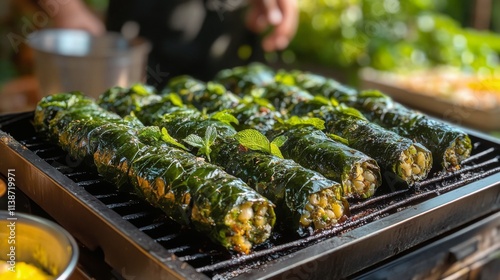 Fresh herb rolls grilled to perfection at a bustling outdoor market in the af...