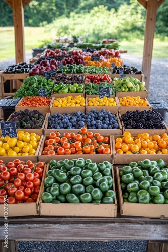 Colorful market display of fresh fruits and vegetables on a sunny day