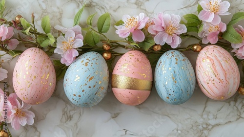Decorative eggs with gold accents displayed on a textured surface for spring ...