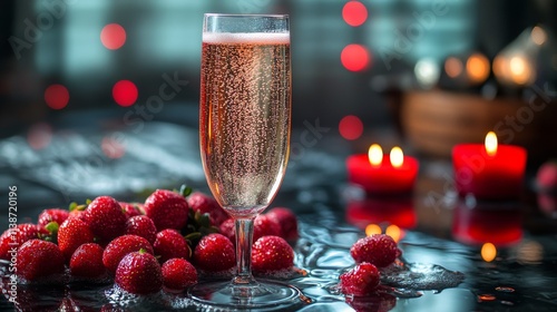Sparkling drink with strawberries on reflective surface surrounded by warm bo...