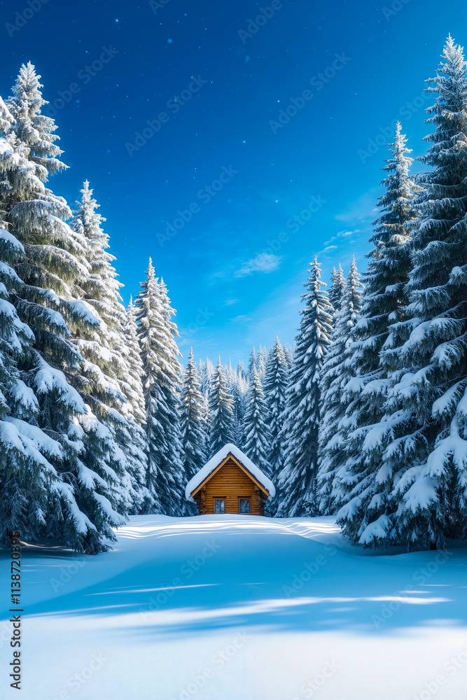 Fototapeta premium A small cabin in the middle of a snowy forest