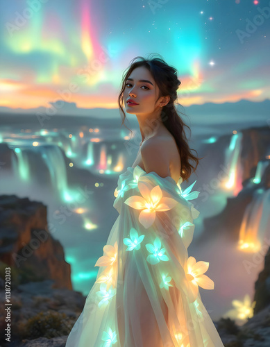 Enchanted Waterfall Aurora: A Woman in Luminescent Gown photo