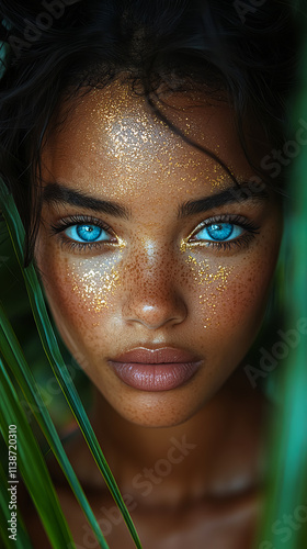 A stunning woman with blue eyes and bronze skin, highlighted by a shiny body oil sheen, stands against palm leaves with sunlight streaming through the trees. photo