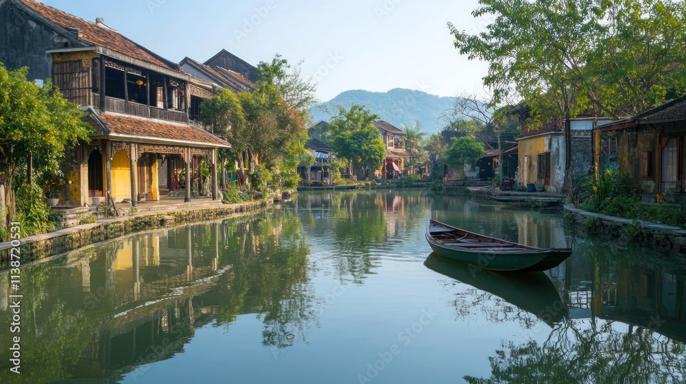Calm river scene in ancient Asian town. Calm river scene in ancient Asian town.