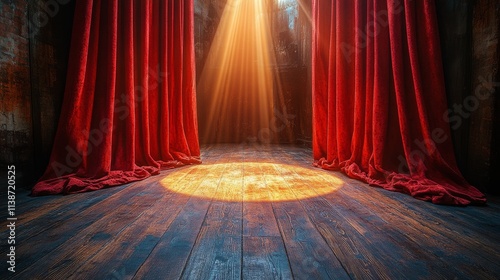 Spotlight shining on stage with red curtains in an empty theatre setting
