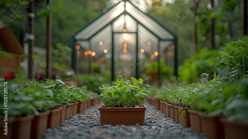 Vibrant green garden with seedlings and greenhouse during golden evening light