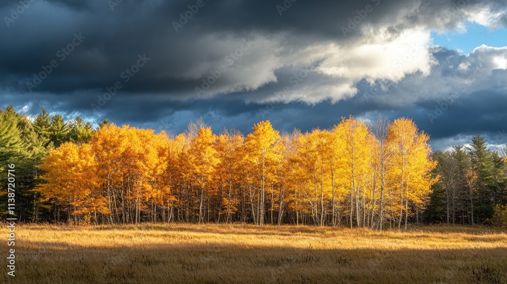 Golden aspen trees in autumn field under dramatic sky. Golden aspen trees in autumn field under dramatic sky.