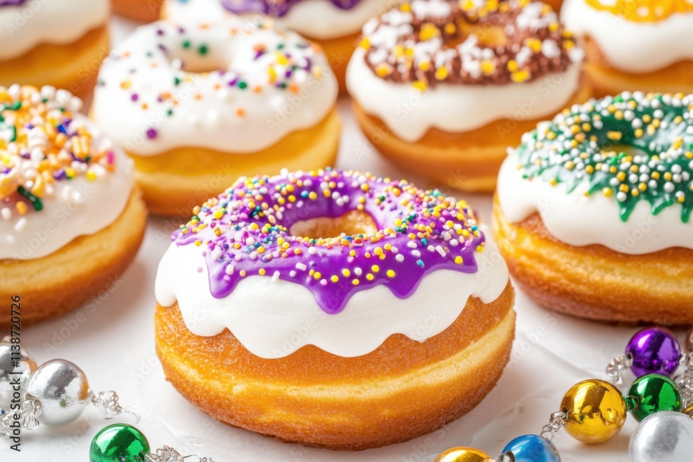 Celebrating Mardi Gras with colorful King Cakes on a festive table surrounded by beads and flowers Celebrating Mardi Gras with colorful King Cakes on a festive table surrounded by beads and flowers
