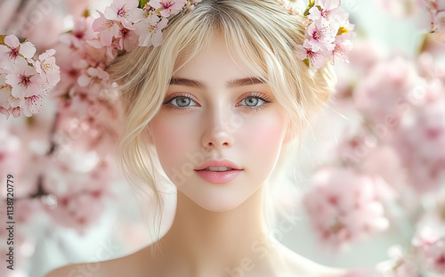A beautiful blonde woman with a floral crown poses amid blooming cherry blossoms, soft pastel colors, and dreamy springtime vibes, with delicate details and natural light.