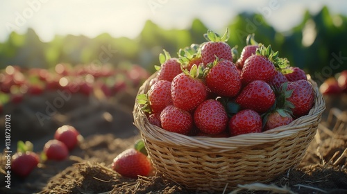 Freshly picked strawberries in a rustic basket surrounded by lush green fields