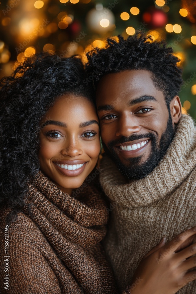 Couple embraces joy while holding a gift during the holiday season at night Couple embraces joy while holding a gift during the holiday season at night