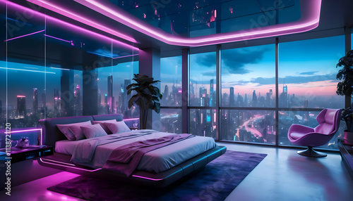 Futuristic Cityscape Bedroom Design: Neon Lights, Panoramic View, Modern Furniture