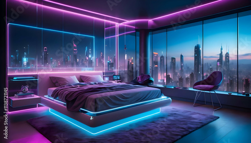 Futuristic Cityscape Bedroom: Neon Lights and Modern Design