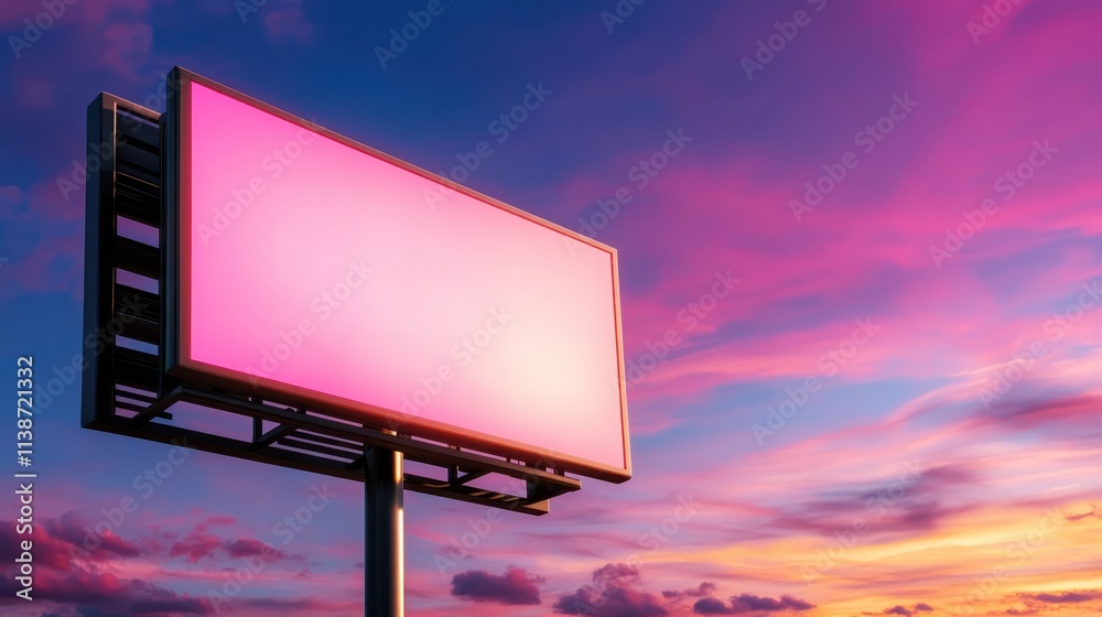 Blank billboard illuminated by a colorful sunset sky with vibrant clouds and a tranquil atmosphere Blank billboard illuminated by a colorful sunset sky with vibrant clouds and a tranquil atmosphere