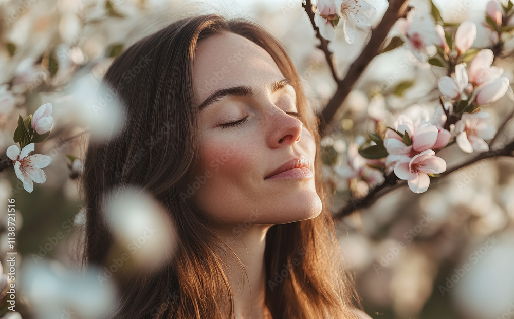 Fototapeta premium A serene woman in her late thirties with long brown hair enjoys the scent of blooming almond trees, surrounded by white and pink blossoms in a tranquil orchard.